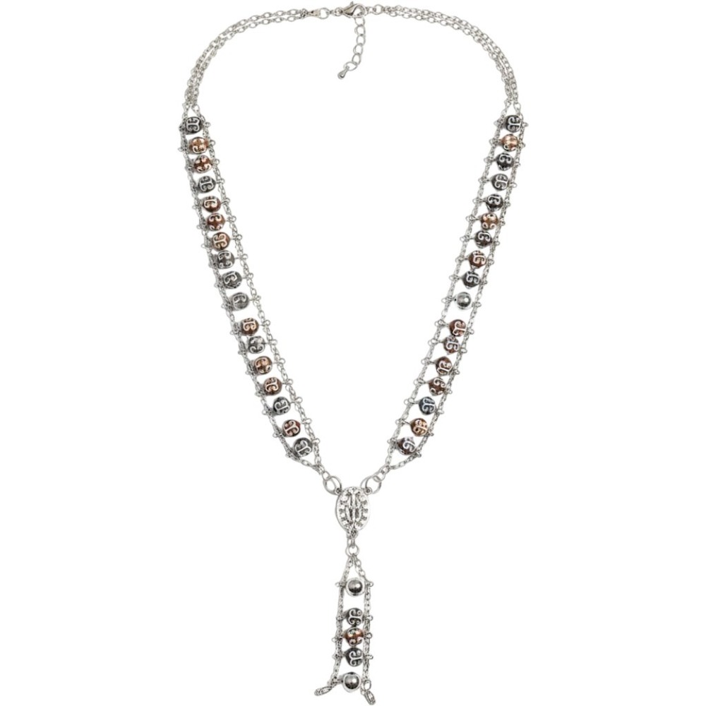 Silver Tone Multi Strand Rosary Necklace Brown Patterned Beads Miraculous Medal